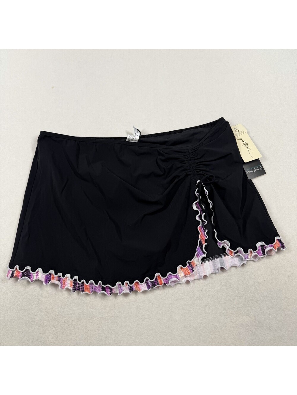 Profile by Gottex Riga Tricolore Side Slit Ruffle Skirt Swim Bottom Black Sz 16